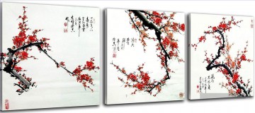  Anneau Tableaux - fleur de prune avec la calligraphie chinoise dans les panneaux de Set